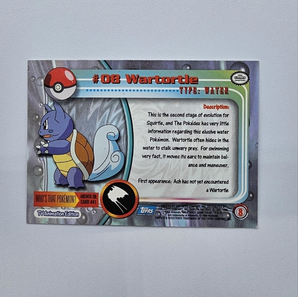 Pokemon 1999 TOPPS Wartortle #08 Blue Logo TV Animation Edition Card - Picture 4 of 4